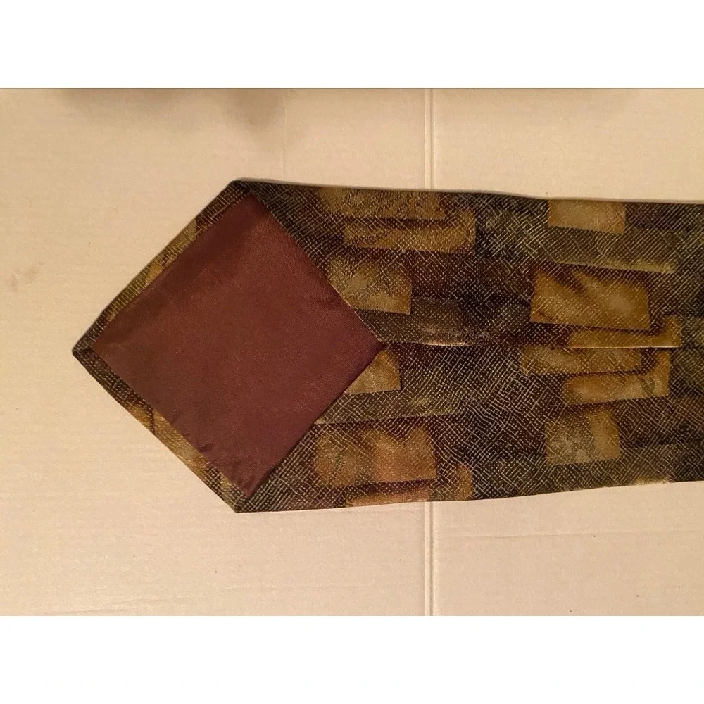 J. Ferrar Mens Silk Tie Brown Green Gold Geometric Made in Italy 4 Inch Width